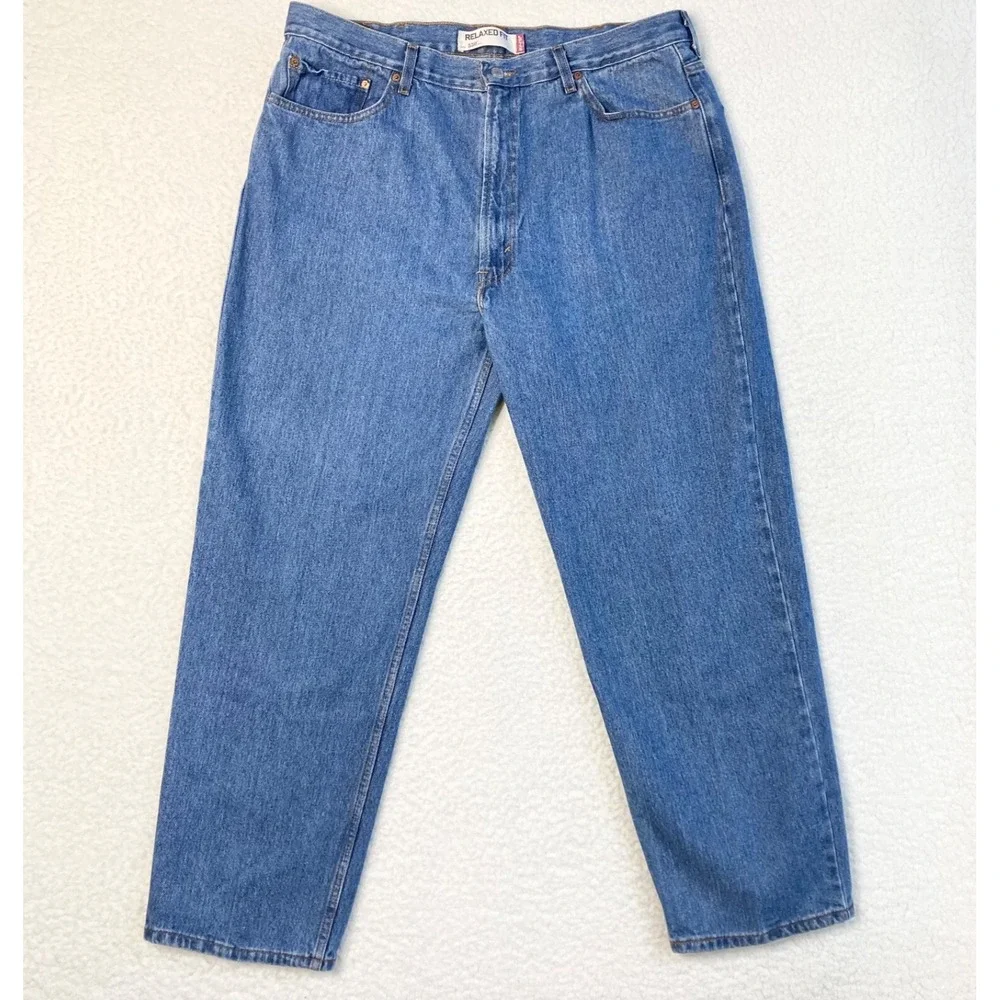 Levis 550 Relaxed Fit Straight Leg Pure Cotton Denim Jeans Mens 42x30 Red Tab